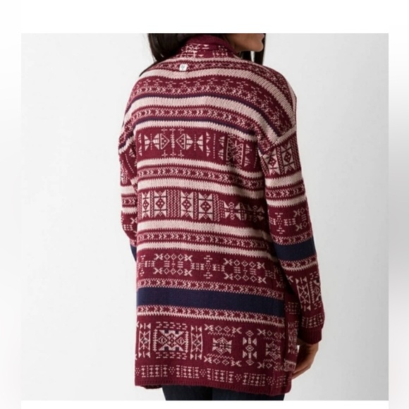 Billabong | Long Open Front Knit Cardigan Burgundy Aztec Pattern | XL - Picture 2 of 7